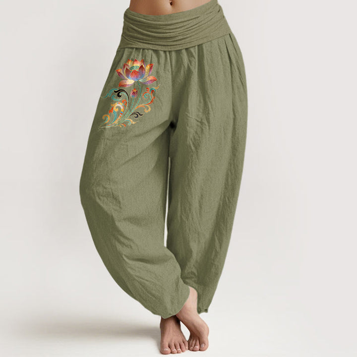 Buddha Stones Baumwoll-Haremshose mit buntem Lotusblumenmuster und elastischem Bund für Damen - Olivgrün - US16, UK/AU20, EU48 (3XL) - image 14