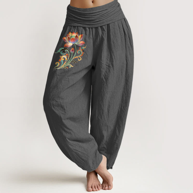 Buddha Stones Baumwoll-Haremshose mit buntem Lotusblumenmuster und elastischem Bund für Damen - DimGray - US16, UK/AU20, EU48 (3XL) - image 8
