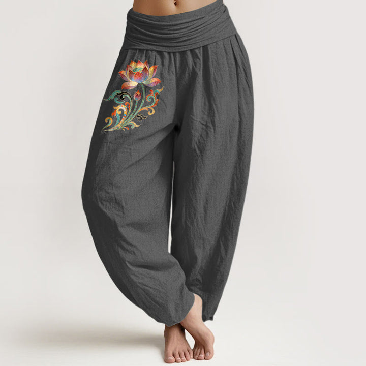 Buddha Stones Baumwoll-Haremshose mit buntem Lotusblumenmuster und elastischem Bund für Damen - DimGray - US16, UK/AU20, EU48 (3XL) - image 8