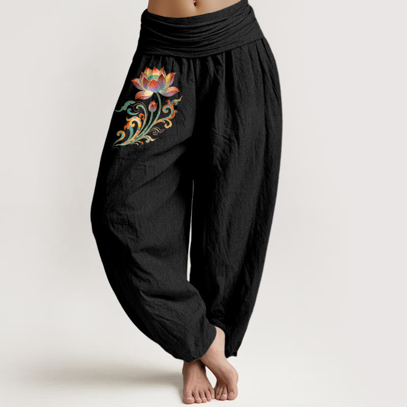 Buddha Stones Baumwoll-Haremshose mit buntem Lotusblumenmuster und elastischem Bund für Damen - Schwarz - US16, UK/AU20, EU48 (3XL) - image 5
