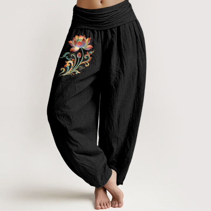 Buddha Stones Baumwoll-Haremshose mit buntem Lotusblumenmuster und elastischem Bund für Damen - Schwarz - US16, UK/AU20, EU48 (3XL) - image 5