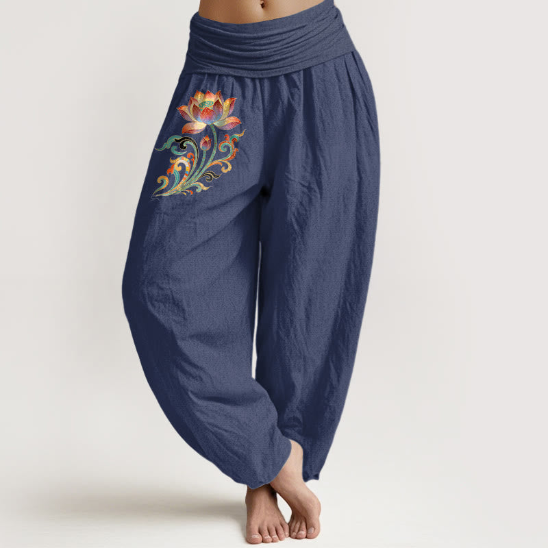 Buddha Stones Baumwoll-Haremshose mit buntem Lotusblumenmuster und elastischem Bund für Damen - Dunkelschieferblau - US16, UK/AU20, EU48 (3XL) - image 0