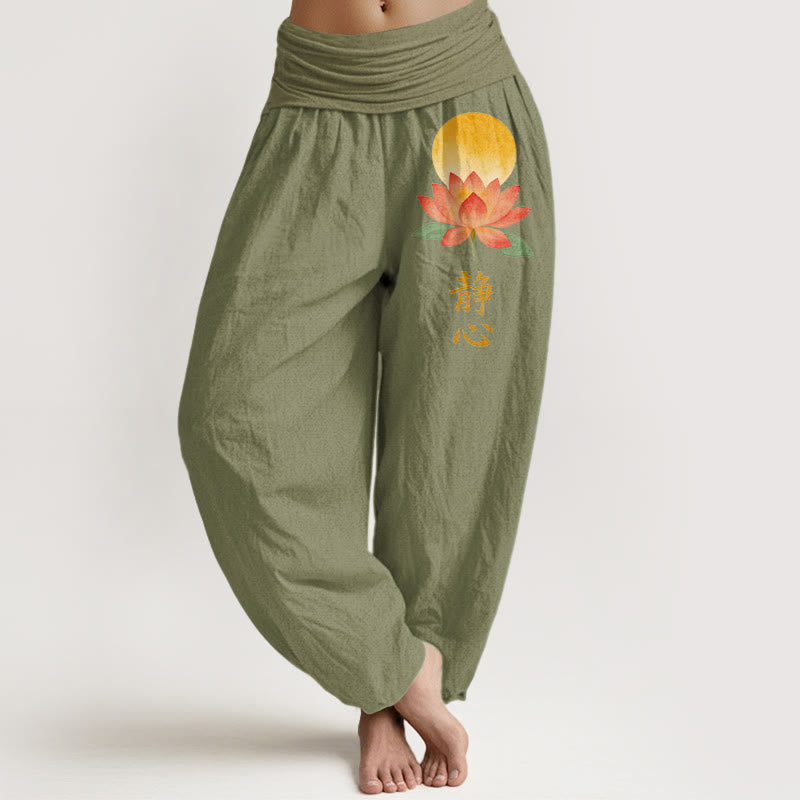 Buddha Stones Baumwoll-Haremshose mit Vollmond-Lotusblumenmuster und elastischem Bund für Damen - Olivgrün - US16, UK/AU20, EU48 (3XL) - image 14