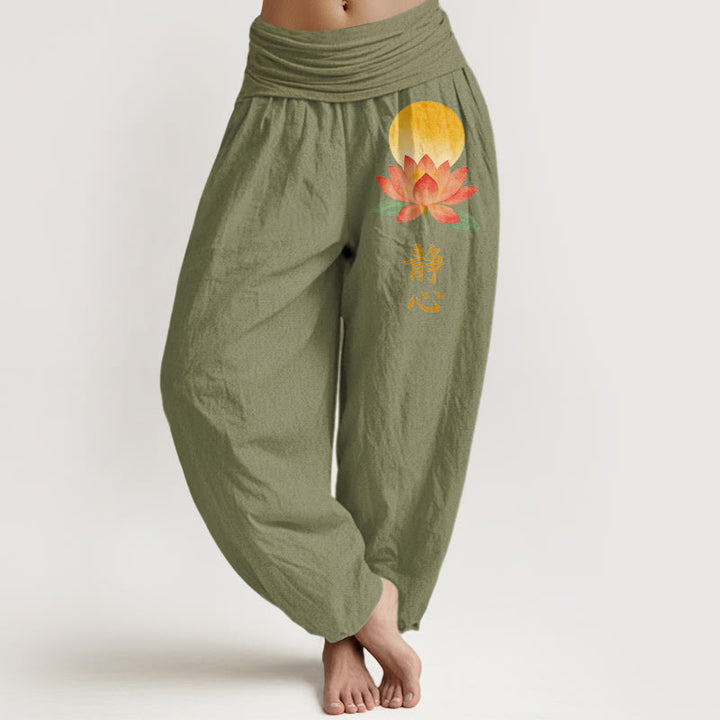 Buddha Stones Baumwoll-Haremshose mit Vollmond-Lotusblumenmuster und elastischem Bund für Damen - Olivgrün - US16, UK/AU20, EU48 (3XL) - image 14