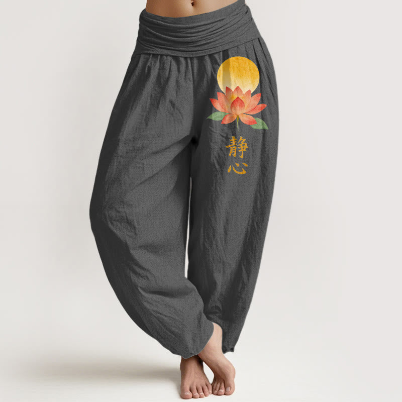 Buddha Stones Baumwoll-Haremshose mit Vollmond-Lotusblumenmuster und elastischem Bund für Damen - DimGrey - US16, UK/AU20, EU48 (3XL) - image 8