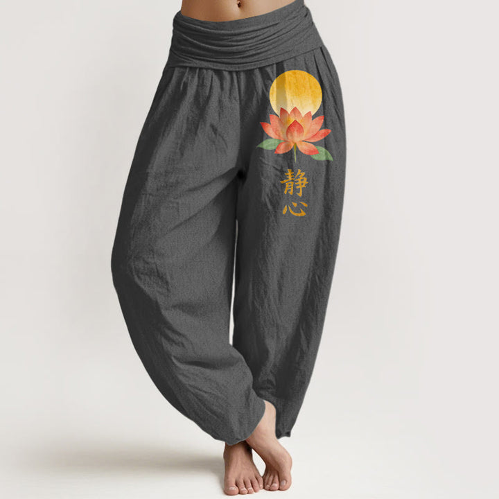 Buddha Stones Baumwoll-Haremshose mit Vollmond-Lotusblumenmuster und elastischem Bund für Damen - DimGrey - US16, UK/AU20, EU48 (3XL) - image 8