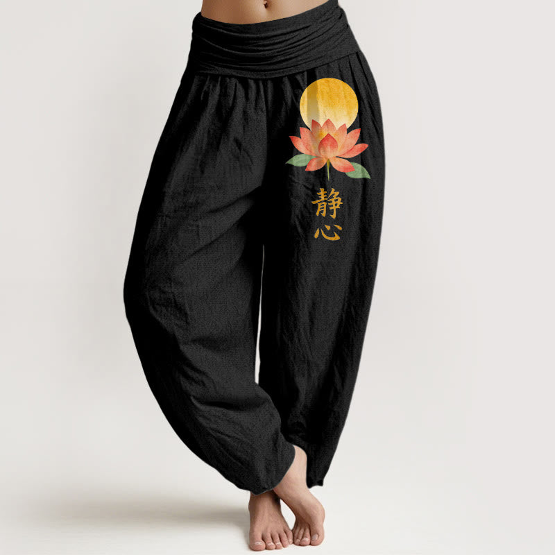 Buddha Stones Baumwoll-Haremshose mit Vollmond-Lotusblumenmuster und elastischem Bund für Damen - Schwarz - US16, UK/AU20, EU48 (3XL) - image 0
