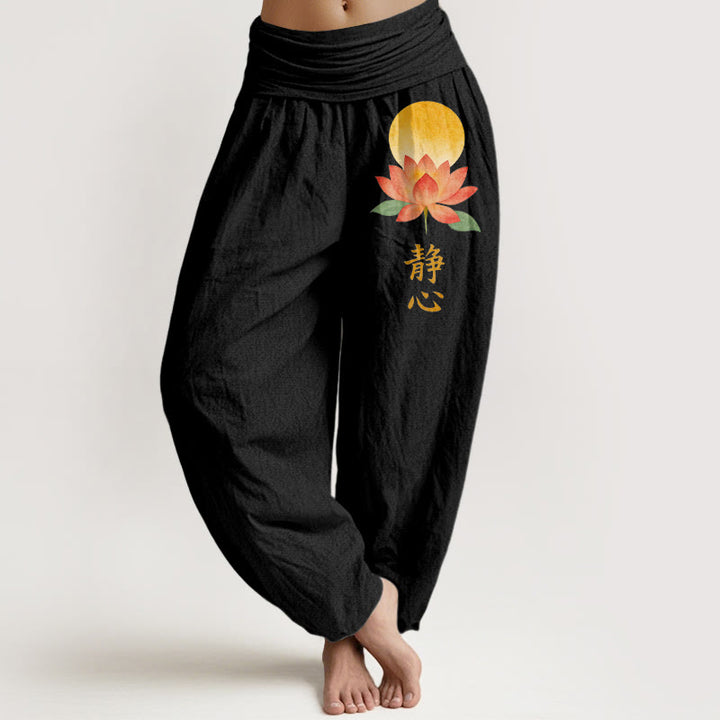 Buddha Stones Baumwoll-Haremshose mit Vollmond-Lotusblumenmuster und elastischem Bund für Damen - Schwarz - US16, UK/AU20, EU48 (3XL) - image 0