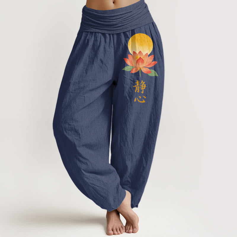 Buddha Stones Baumwoll-Haremshose mit Vollmond-Lotusblumenmuster und elastischem Bund für Damen - Dunkelschieferblau - US16, UK/AU20, EU48 (3XL) - image 5