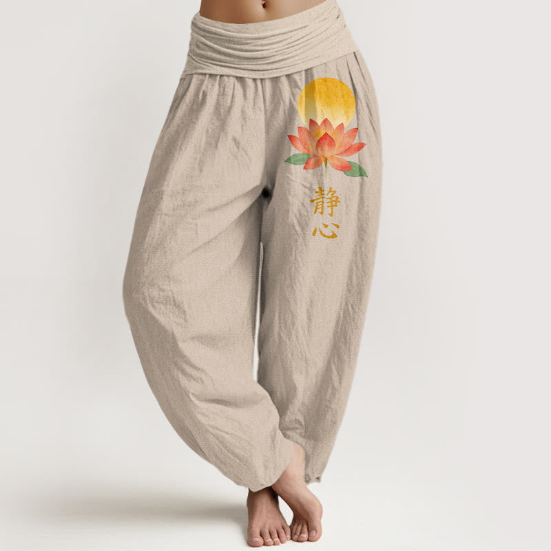 Buddha Stones Baumwoll-Haremshose mit Vollmond-Lotusblumenmuster und elastischem Bund für Damen - Bräunen - US16, UK/AU20, EU48 (3XL) - image 11