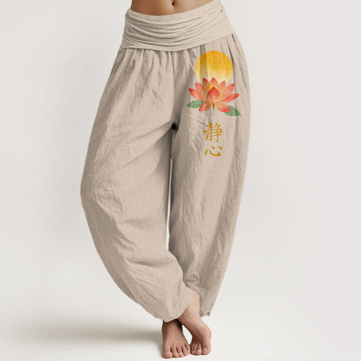 Buddha Stones Baumwoll-Haremshose mit Vollmond-Lotusblumenmuster und elastischem Bund für Damen - Bräunen - US16, UK/AU20, EU48 (3XL) - image 11
