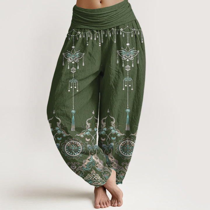 Buddha Stones Klassische Baumwoll-Haremshose mit Schmetterlings-, Blumen- und Quastenmuster, elastischem Bund und Schmuckmotiv für Damen - Dunkelmeergrün - US16, UK/AU20, EU48 (3XL) - image 0