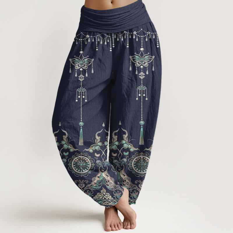 Buddha Stones Klassische Baumwoll-Haremshose mit Schmetterlings-, Blumen- und Quastenmuster, elastischem Bund und Schmuckmotiv für Damen - SteelBlue - US16, UK/AU20, EU48 (3XL) - image 5
