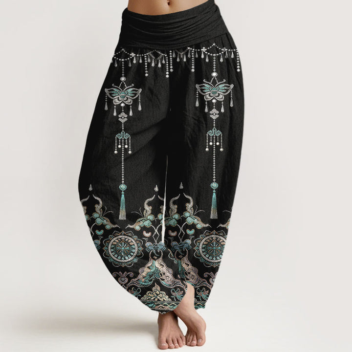 Buddha Stones Klassische Baumwoll-Haremshose mit Schmetterlings-, Blumen- und Quastenmuster, elastischem Bund und Schmuckmotiv für Damen - Schwarz - US16, UK/AU20, EU48 (3XL) - image 8