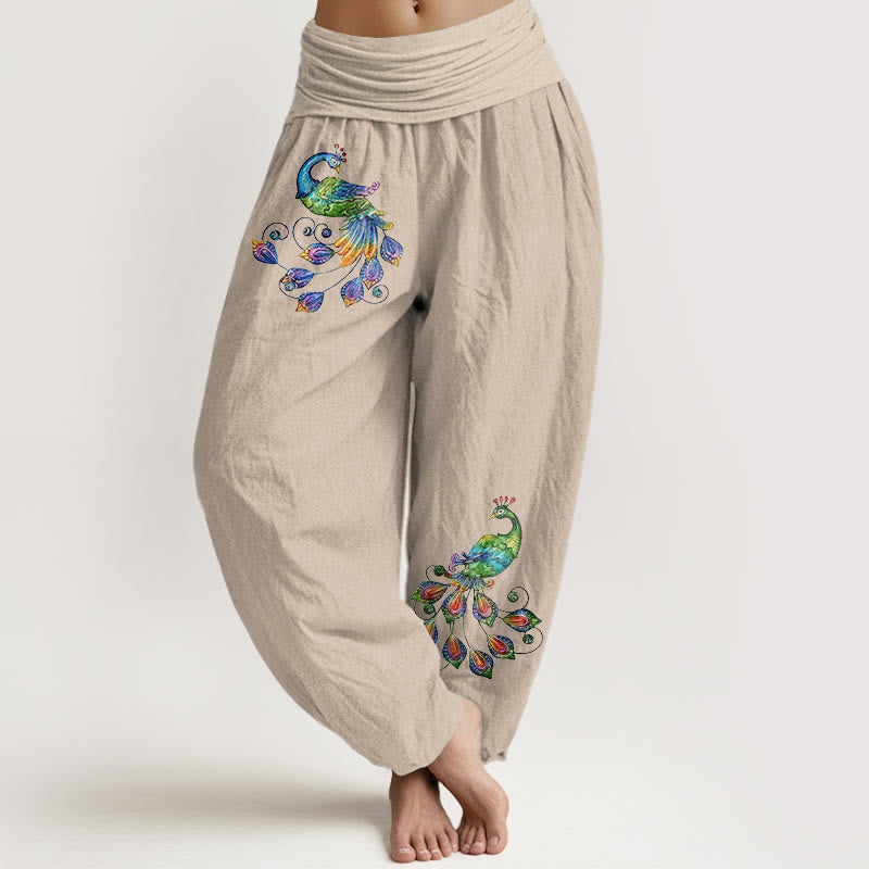 Buddha Stones Baumwoll-Haremshose mit buntem Pfauenmuster und elastischem Bund für Damen - Bräunen - US16, UK/AU20, EU48 (3XL) - image 11