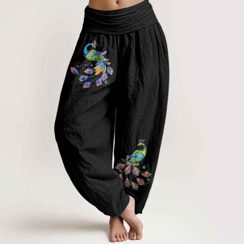Buddha Stones Baumwoll-Haremshose mit buntem Pfauenmuster und elastischem Bund für Damen - Schwarz - US16, UK/AU20, EU48 (3XL) - image 0