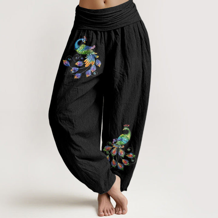 Buddha Stones Baumwoll-Haremshose mit buntem Pfauenmuster und elastischem Bund für Damen - Schwarz - US16, UK/AU20, EU48 (3XL) - image 0