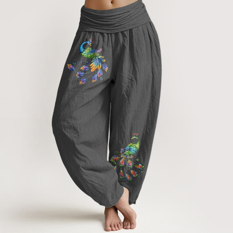 Buddha Stones Baumwoll-Haremshose mit buntem Pfauenmuster und elastischem Bund für Damen - DimGrey - US16, UK/AU20, EU48 (3XL) - image 8