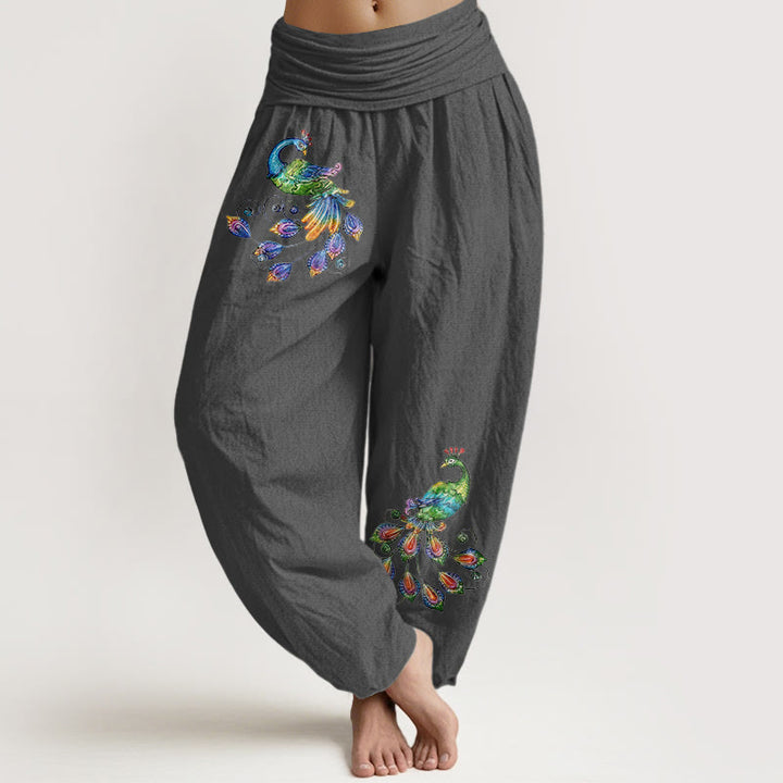 Buddha Stones Baumwoll-Haremshose mit buntem Pfauenmuster und elastischem Bund für Damen - DimGrey - US16, UK/AU20, EU48 (3XL) - image 8