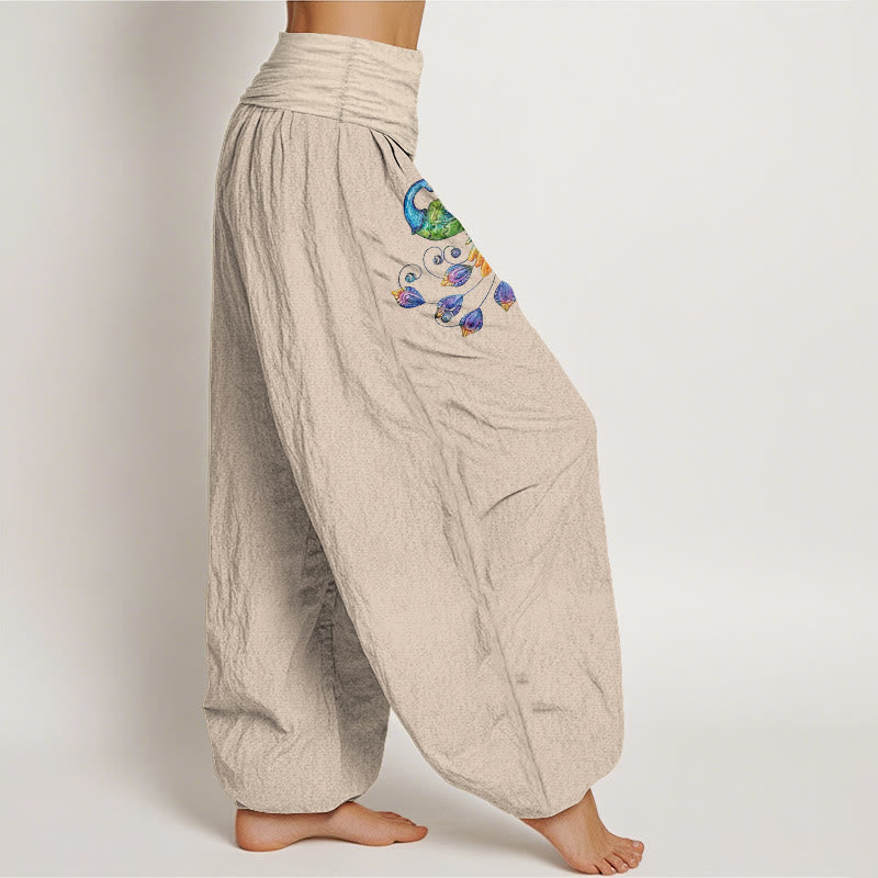 Buddha Stones Baumwoll-Haremshose mit buntem Pfauenmuster und elastischem Bund für Damen - image 13