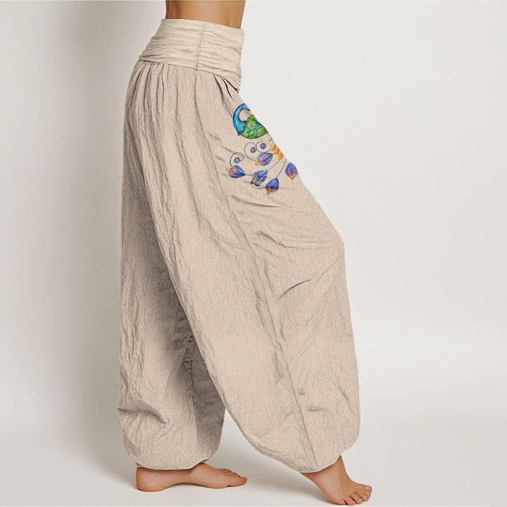 Buddha Stones Baumwoll-Haremshose mit buntem Pfauenmuster und elastischem Bund für Damen - image 13