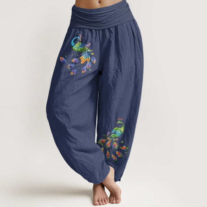 Buddha Stones Baumwoll-Haremshose mit buntem Pfauenmuster und elastischem Bund für Damen - Dunkelschieferblau - US16, UK/AU20, EU48 (3XL) - image 5