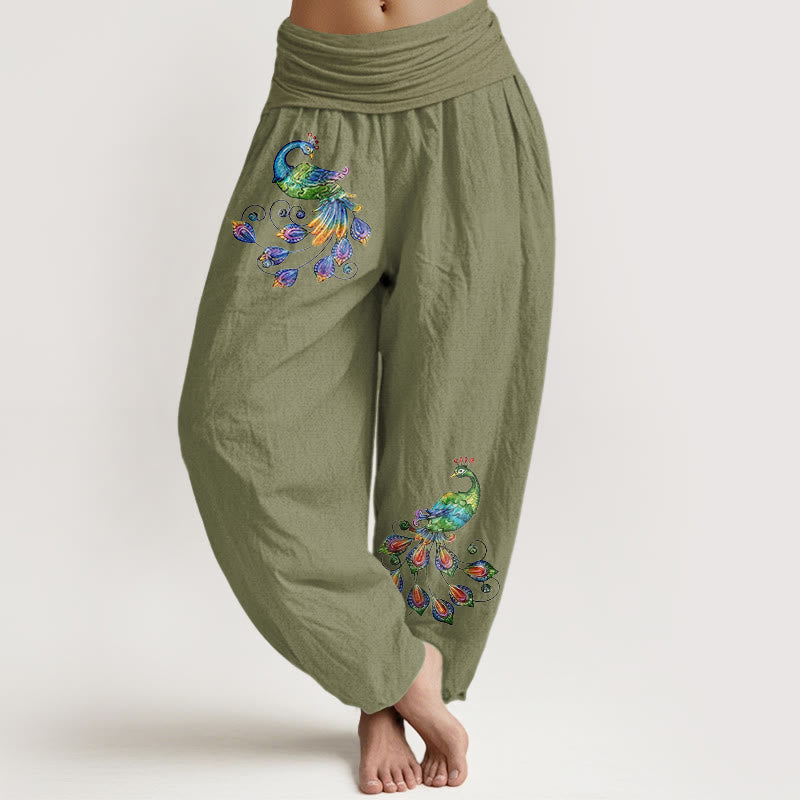 Buddha Stones Baumwoll-Haremshose mit buntem Pfauenmuster und elastischem Bund für Damen - Olivgrün - US16, UK/AU20, EU48 (3XL) - image 14