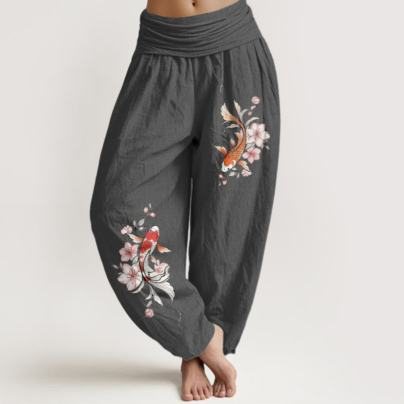 Buddha Stones Baumwoll-Haremshose mit Koi-Fisch- und rosa Pfirsichblütenmuster, elastischer Bund, Damen - DimGrey - US16, UK/AU20, EU48 (3XL) - image 8