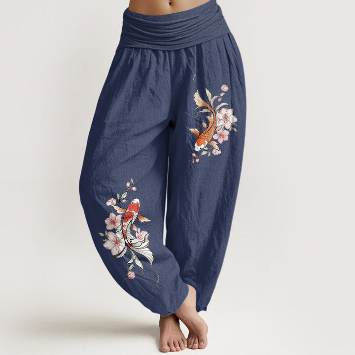 Buddha Stones Baumwoll-Haremshose mit Koi-Fisch- und rosa Pfirsichblütenmuster, elastischer Bund, Damen - Dunkelschieferblau - US16, UK/AU20, EU48 (3XL) - image 0
