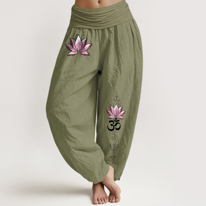 Buddha Stones Baumwoll-Haremshose mit rosa Lotus-OM-Muster und elastischem Bund für Damen - Olivgrün - US16, UK/AU20, EU48 (3XL) - image 14