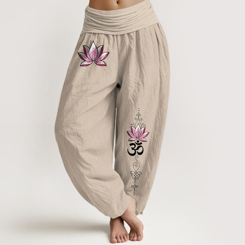 Buddha Stones Baumwoll-Haremshose mit rosa Lotus-OM-Muster und elastischem Bund für Damen - Bräunen - US16, UK/AU20, EU48 (3XL) - image 0