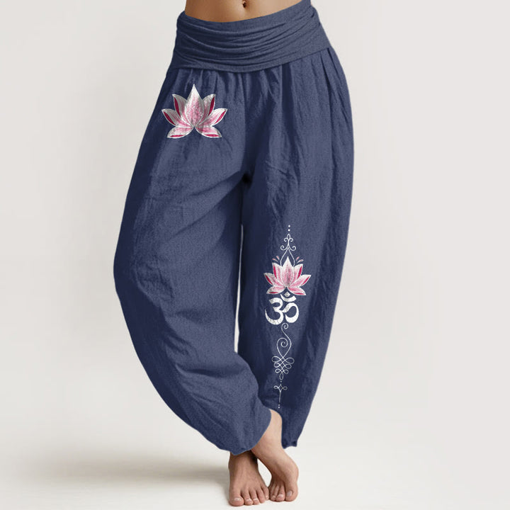 Buddha Stones Baumwoll-Haremshose mit rosa Lotus-OM-Muster und elastischem Bund für Damen - Dunkelschieferblau - US16, UK/AU20, EU48 (3XL) - image 8