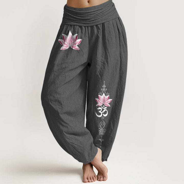 Buddha Stones Baumwoll-Haremshose mit rosa Lotus-OM-Muster und elastischem Bund für Damen - DimGrey - US16, UK/AU20, EU48 (3XL) - image 11