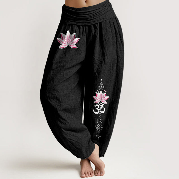 Buddha Stones Baumwoll-Haremshose mit rosa Lotus-OM-Muster und elastischem Bund für Damen - Schwarz - US16, UK/AU20, EU48 (3XL) - image 5