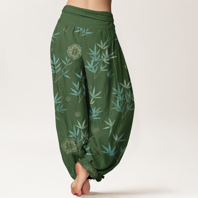 Buddha Stones Haremshose aus Baumwolle mit geometrischem Bambusblumenmuster und elastischem Bund für Damen - image 1
