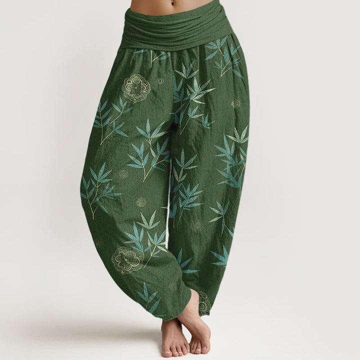 Buddha Stones Haremshose aus Baumwolle mit geometrischem Bambusblumenmuster und elastischem Bund für Damen - Waldgrün - US16, UK/AU20, EU48 (3XL) - image 0