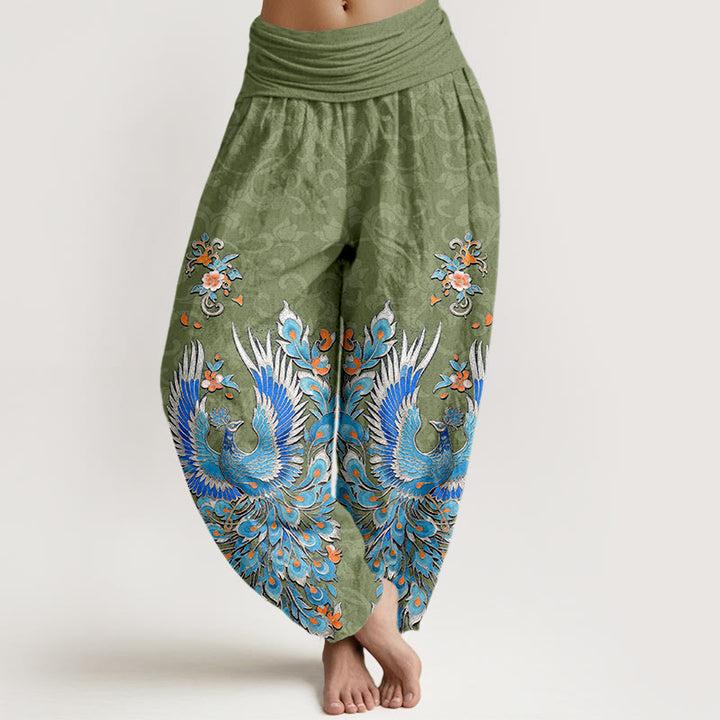 Buddha Stones Baumwoll-Haremshose mit Phönix-Pfirsichblütenmuster und elastischem Bund für Damen - Olivgrün - US16, UK/AU20, EU48 (3XL) - image 8