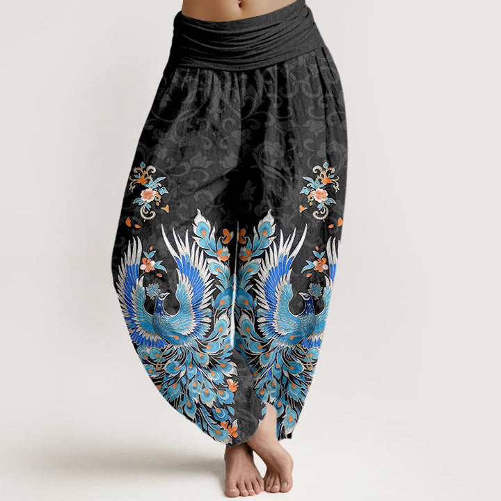 Buddha Stones Baumwoll-Haremshose mit Phönix-Pfirsichblütenmuster und elastischem Bund für Damen - Schwarz - US16, UK/AU20, EU48 (3XL) - image 5