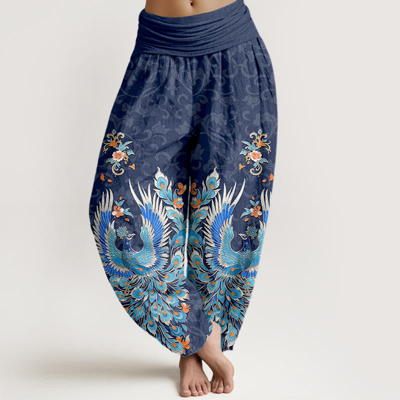 Buddha Stones Baumwoll-Haremshose mit Phönix-Pfirsichblütenmuster und elastischem Bund für Damen - SteelBlue - US16, UK/AU20, EU48 (3XL) - image 0