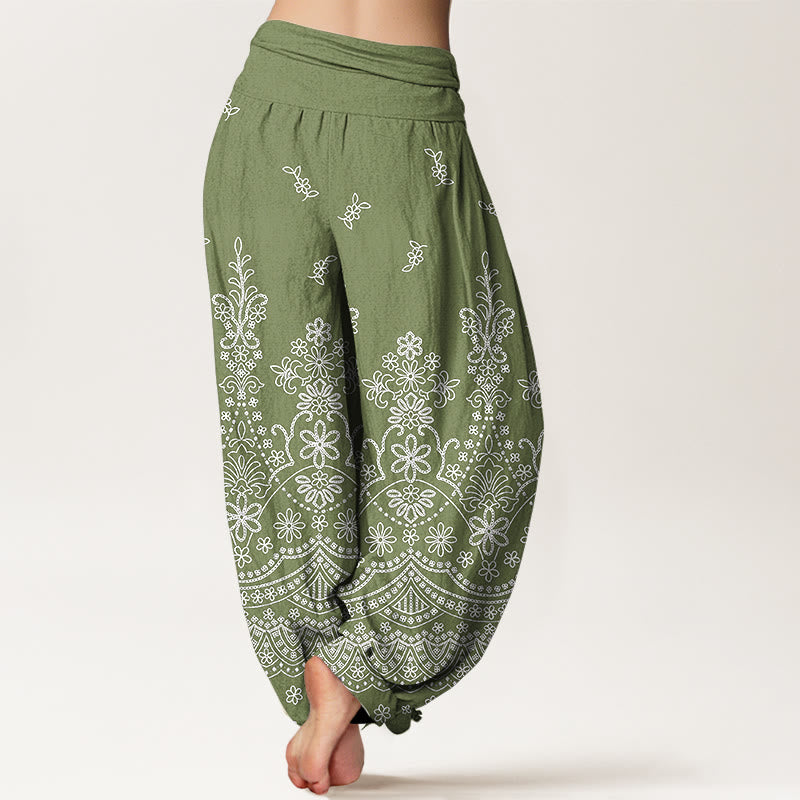 Buddha Stones Baumwoll-Haremshose mit weißem Mandala-Blumenmuster und elastischem Bund für Damen - image 1