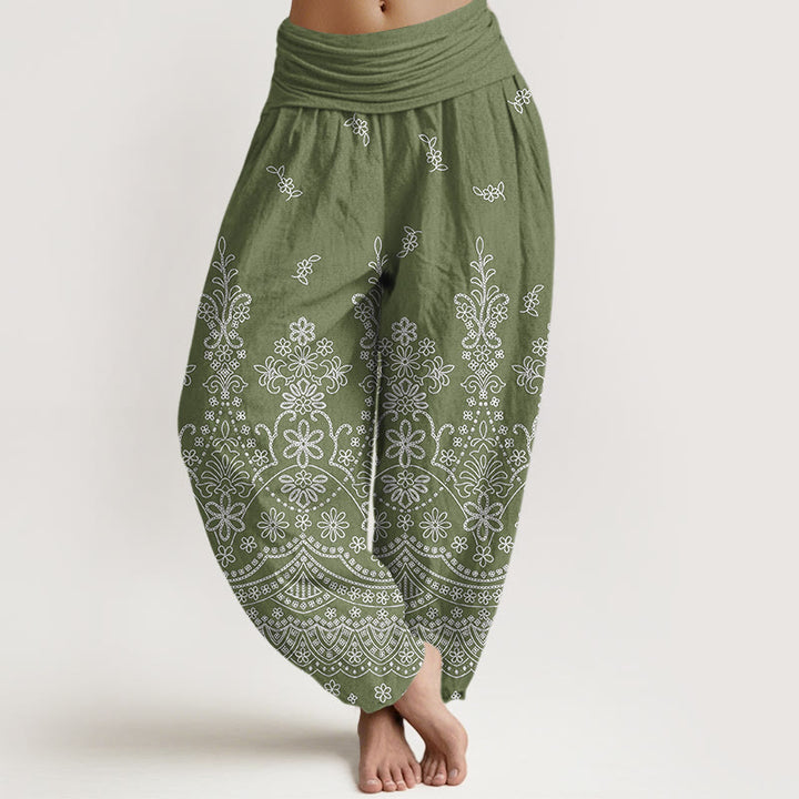 Buddha Stones Baumwoll-Haremshose mit weißem Mandala-Blumenmuster und elastischem Bund für Damen - Olivgrün - US16, UK/AU20, EU48 (3XL) - image 0
