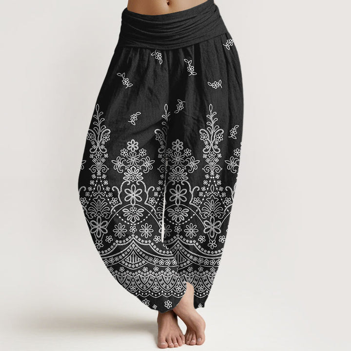 Buddha Stones Baumwoll-Haremshose mit weißem Mandala-Blumenmuster und elastischem Bund für Damen - Schwarz - US16, UK/AU20, EU48 (3XL) - image 5