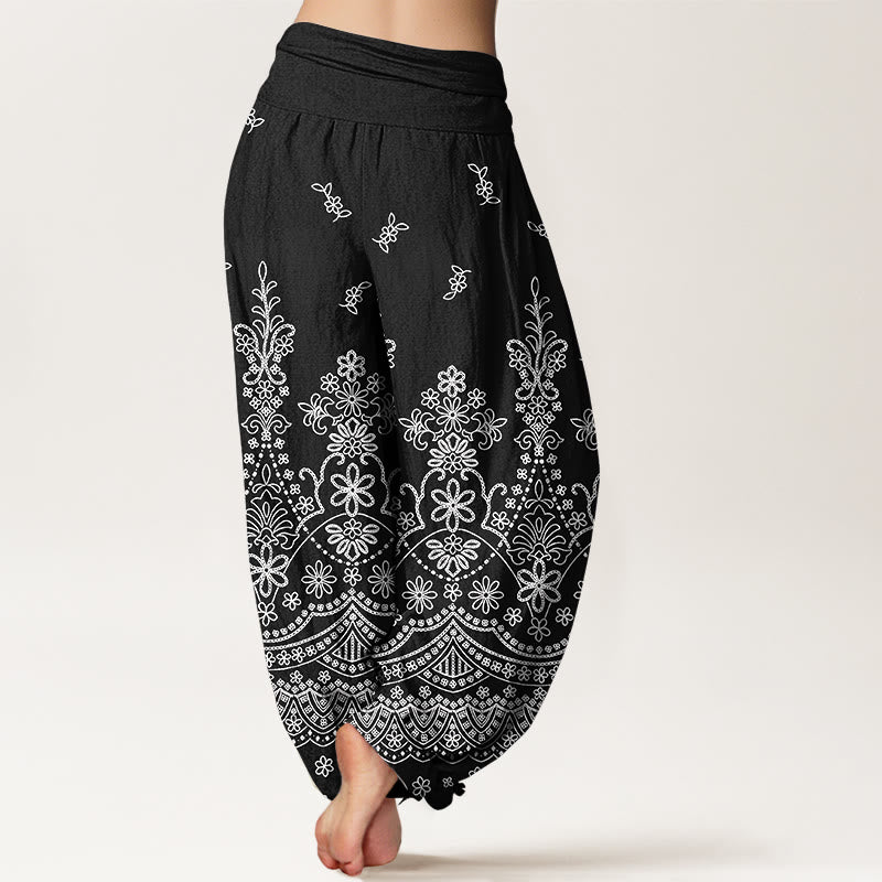 Buddha Stones Baumwoll-Haremshose mit weißem Mandala-Blumenmuster und elastischem Bund für Damen - image 6