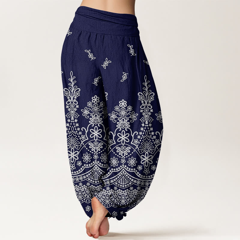 Buddha Stones Baumwoll-Haremshose mit weißem Mandala-Blumenmuster und elastischem Bund für Damen - image 9