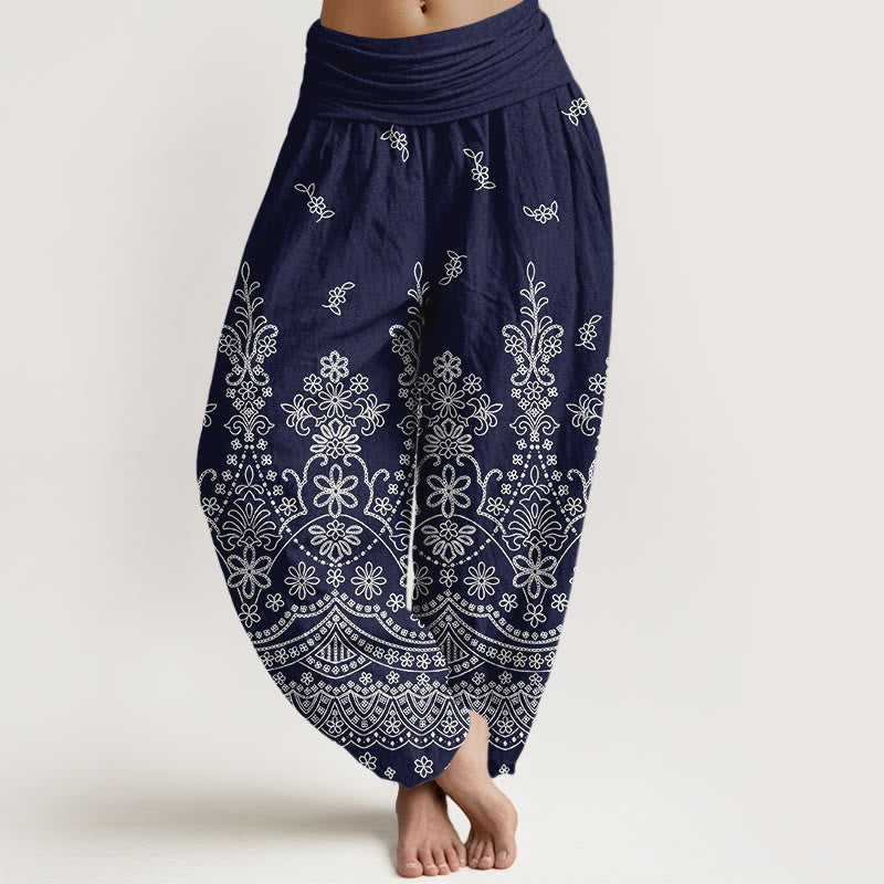 Buddha Stones Baumwoll-Haremshose mit weißem Mandala-Blumenmuster und elastischem Bund für Damen - Dunkelblau - US16, UK/AU20, EU48 (3XL) - image 8
