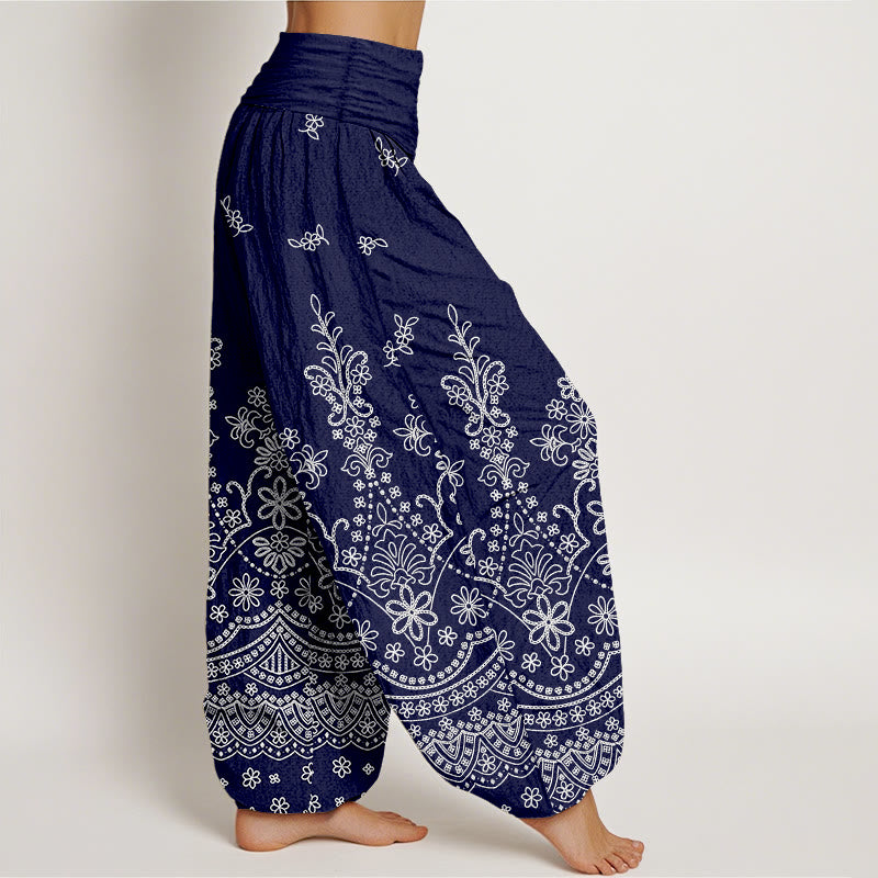 Buddha Stones Baumwoll-Haremshose mit weißem Mandala-Blumenmuster und elastischem Bund für Damen - image 10
