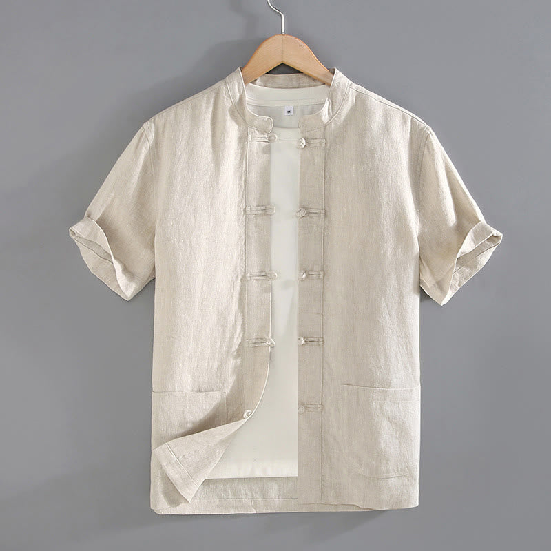 Buddha Stones Vintage Plain Tang Suit Chinesisches Herrenhemd mit Froschknöpfen und Taschen - Beige - US/ UK/AU46, EU56 (5XL) - image 0