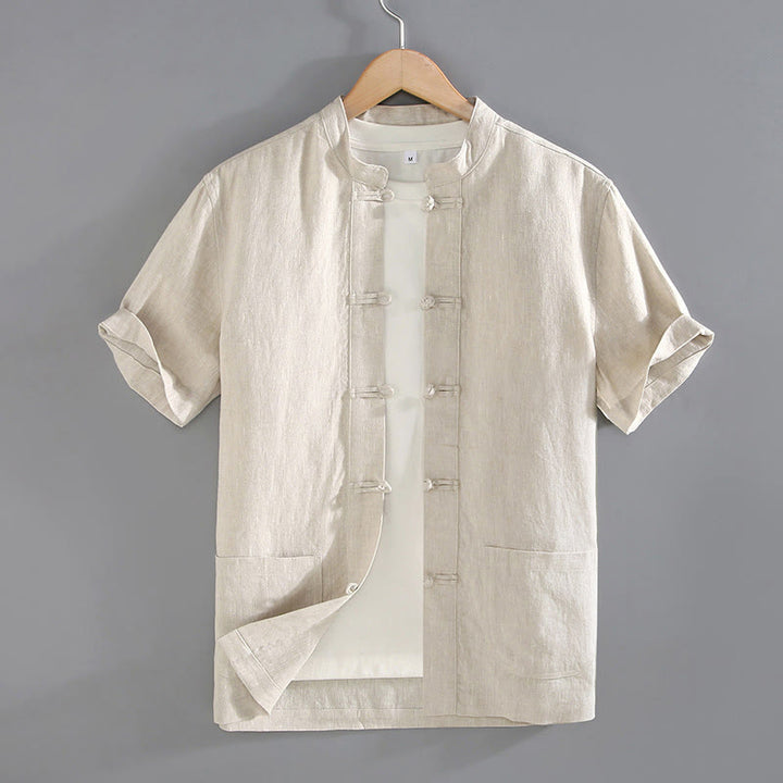 Buddha Stones Vintage Plain Tang Suit Chinesisches Herrenhemd mit Froschknöpfen und Taschen - Beige - US/ UK/AU46, EU56 (5XL) - image 0
