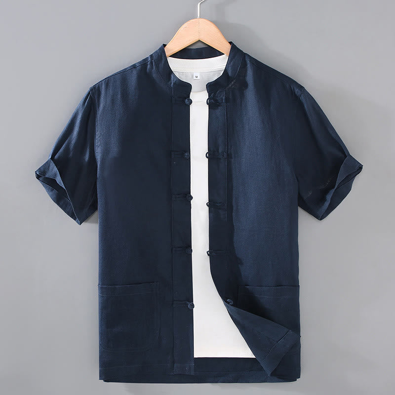 Buddha Stones Vintage Plain Tang Suit Chinesisches Herrenhemd mit Froschknöpfen und Taschen - Mitternachtsblau - US/UK/AU46, EU56 (5XL) - image 9