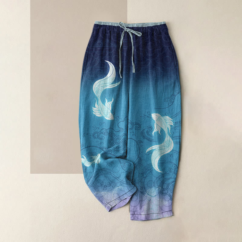 Buddha Stones Damenhose aus reiner Baumwolle mit Koi-Fisch-Wellenmuster, elastischem Bund und Taschen - Dunkelblau - US16, UK/AU20, EU48 (3XL) - image 0